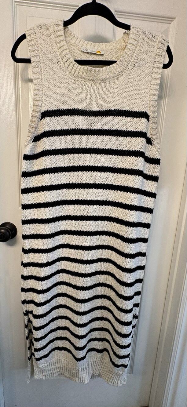 C&C California Ivory Black Striped Knit Sweater Dress M Sleeveless Crew Neck